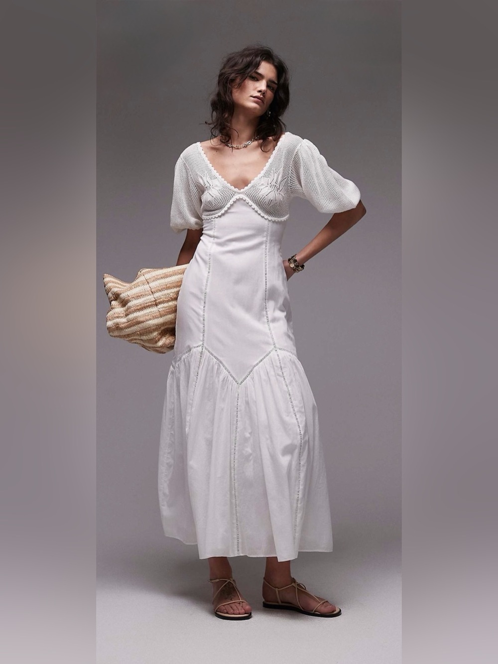 Topshop White Crochet Bust Puff Sleeve Midi Dress US 6 NWOT - Picture 2 of 9